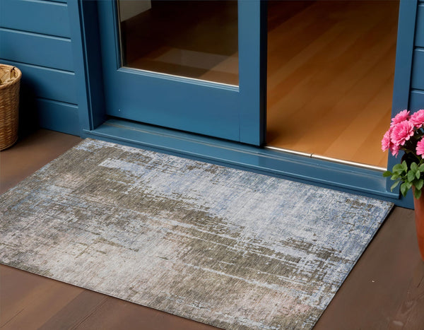 Homeroots 3' Stylish Brown Taupe And Navy Blue Abstract Washable Indoor Outdoor Area Rug For Versatile Spaces 3' X 5' Polyester 587236