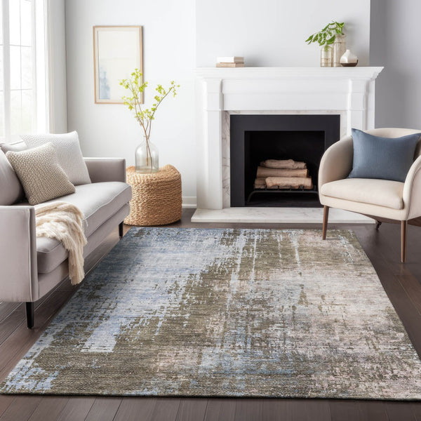 Homeroots 3' Stylish Brown Taupe And Navy Blue Abstract Washable Indoor Outdoor Area Rug For Versatile Spaces 3' X 5' Polyester 587236