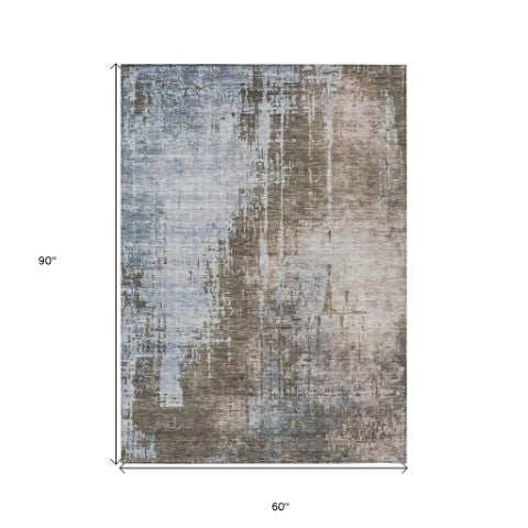 Homeroots 3' Stylish Brown Taupe And Navy Blue Abstract Washable Indoor Outdoor Area Rug For Versatile Spaces 5' X 8' Polyester 587237