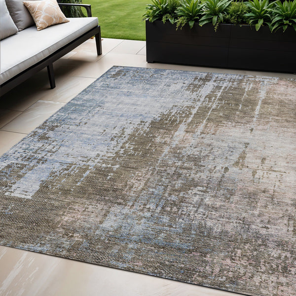 Homeroots 3' Stylish Brown Taupe And Navy Blue Abstract Washable Indoor Outdoor Area Rug For Versatile Spaces 5' X 8' Polyester 587237