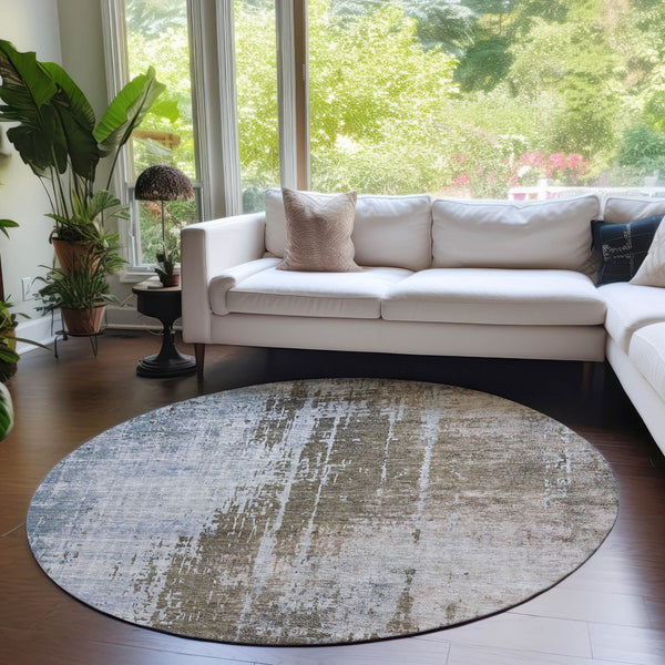 Homeroots 3' Stylish Brown Taupe And Navy Blue Abstract Washable Indoor Outdoor Area Rug For Versatile Spaces 8' Round Polyester 587238