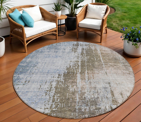 Homeroots 3' Stylish Brown Taupe And Navy Blue Abstract Washable Indoor Outdoor Area Rug For Versatile Spaces 8' Round Polyester 587238