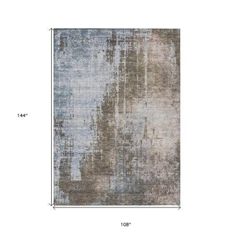 Homeroots 3' Stylish Brown Taupe And Navy Blue Abstract Washable Indoor Outdoor Area Rug For Versatile Spaces 9' X 12' Polyester 587240