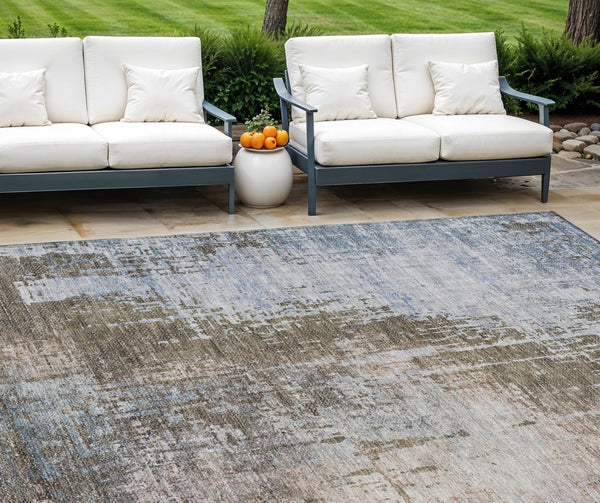 Homeroots 3' Stylish Brown Taupe And Navy Blue Abstract Washable Indoor Outdoor Area Rug For Versatile Spaces 9' X 12' Polyester 587240