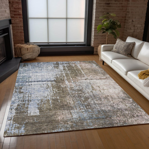 Homeroots 3' Stylish Brown Taupe And Navy Blue Abstract Washable Indoor Outdoor Area Rug For Versatile Spaces 9' X 12' Polyester 587240