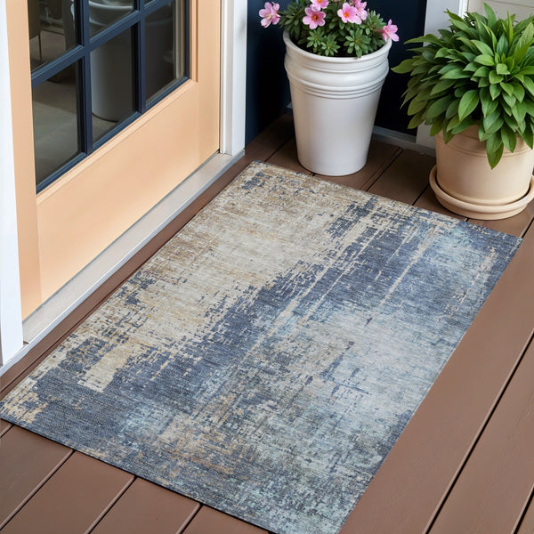 Homeroots 3' Stylish Brown Taupe And Navy Blue Abstract Washable Indoor Outdoor Area Rug For Versatile Spaces 3' X 5' Polyester 587242