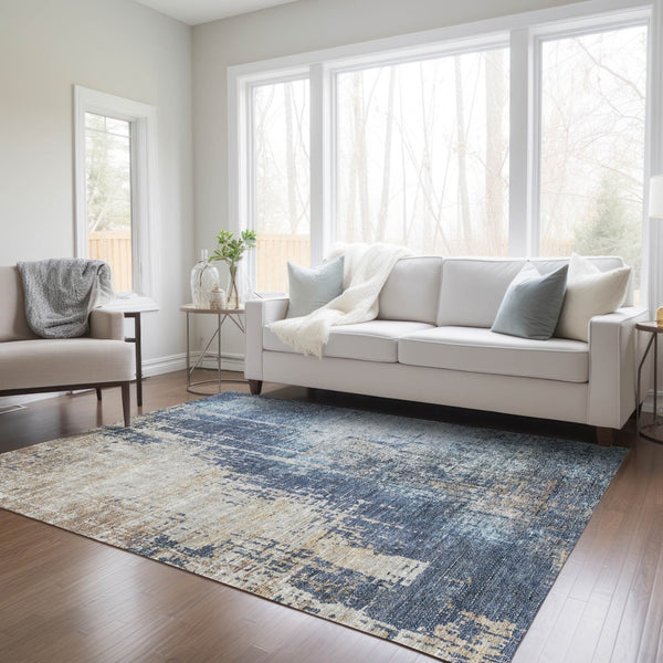 Homeroots 3' Stylish Brown Taupe And Navy Blue Abstract Washable Indoor Outdoor Area Rug For Versatile Spaces 3' X 5' Polyester 587242