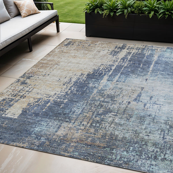 Homeroots 3' Stylish Brown Taupe And Navy Blue Abstract Washable Indoor Outdoor Area Rug For Versatile Spaces 5' X 8' Polyester 587243