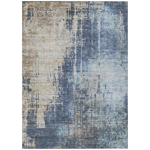 HomeRoots 5' Indoor Outdoor Area Rug - Navy Blue and Taupe Abstract Design, Washable & Stain-Resistant Style 5' X 8' 587243