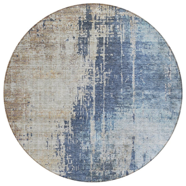 HomeRoots 5' Indoor Outdoor Area Rug - Navy Blue and Taupe Abstract Design, Washable & Stain-Resistant Style 8' Round 587244
