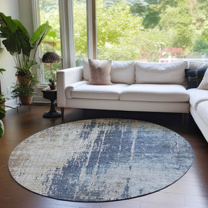 Homeroots 3' Stylish Brown Taupe And Navy Blue Abstract Washable Indoor Outdoor Area Rug For Versatile Spaces 8' Round Polyester 587244