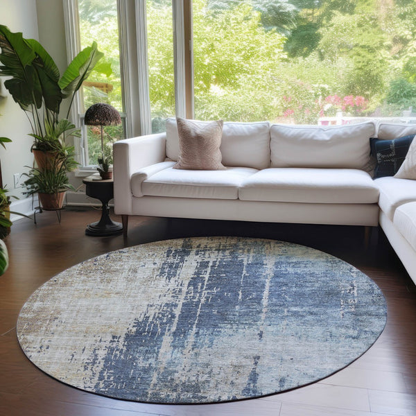 Homeroots 3' Stylish Brown Taupe And Navy Blue Abstract Washable Indoor Outdoor Area Rug For Versatile Spaces 8' Round Polyester 587244