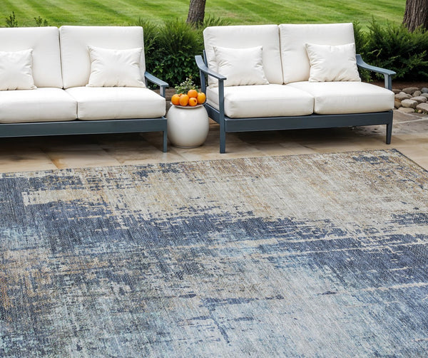 Homeroots 3' Stylish Brown Taupe And Navy Blue Abstract Washable Indoor Outdoor Area Rug For Versatile Spaces 8' X 10' Polyester 587245
