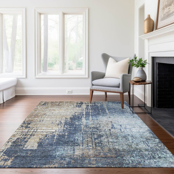 Homeroots 3' Stylish Brown Taupe And Navy Blue Abstract Washable Indoor Outdoor Area Rug For Versatile Spaces 8' X 10' Polyester 587245