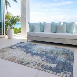 Homeroots 3' Stylish Brown Taupe And Navy Blue Abstract Washable Indoor Outdoor Area Rug For Versatile Spaces 10' X 14' Polyester 587247