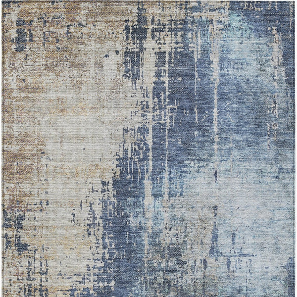 Homeroots 3' Stylish Brown Taupe And Navy Blue Abstract Washable Indoor Outdoor Area Rug For Versatile Spaces 10' X 14' Polyester 587247