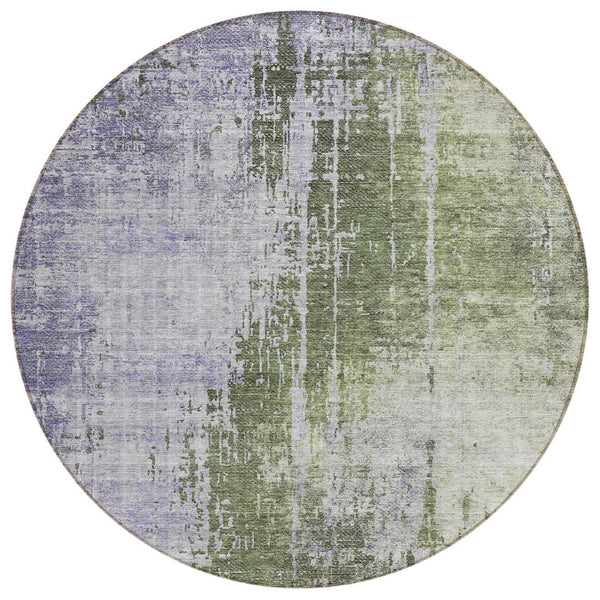 HomeRoots 5' Abstract Olive Green and Purple Area Rug - Washable, Durable Design for Indoor and Outdoor Use 8' Round 587250