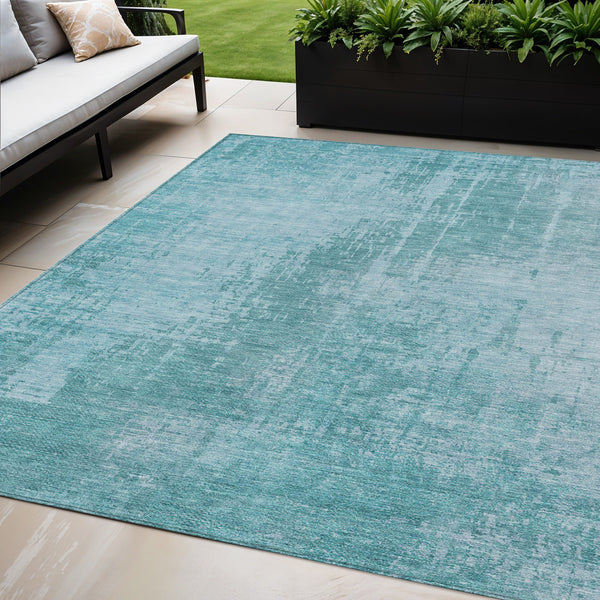 Homeroots 3' Aqua Teal Blue And Gray Abstract Washable Rug For Stylish Indoor And Outdoor Spaces, Durable Design 5' X 8' Polyester 587255
