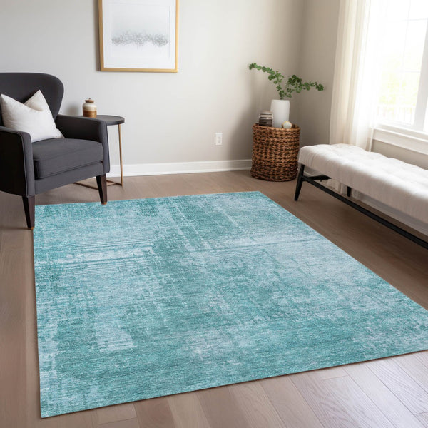 Homeroots 3' Aqua Teal Blue And Gray Abstract Washable Rug For Stylish Indoor And Outdoor Spaces, Durable Design 8' X 10' Polyester 587257