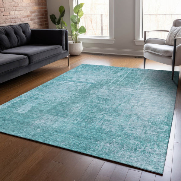 Homeroots 3' Aqua Teal Blue And Gray Abstract Washable Rug For Stylish Indoor And Outdoor Spaces, Durable Design 9' X 12' Polyester 587258
