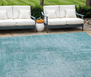 Homeroots 3' Aqua Teal Blue And Gray Abstract Washable Rug For Stylish Indoor And Outdoor Spaces, Durable Design 10' X 14' Polyester 587259