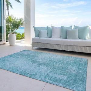 Homeroots 3' Aqua Teal Blue And Gray Abstract Washable Rug For Stylish Indoor And Outdoor Spaces, Durable Design 10' X 14' Polyester 587259