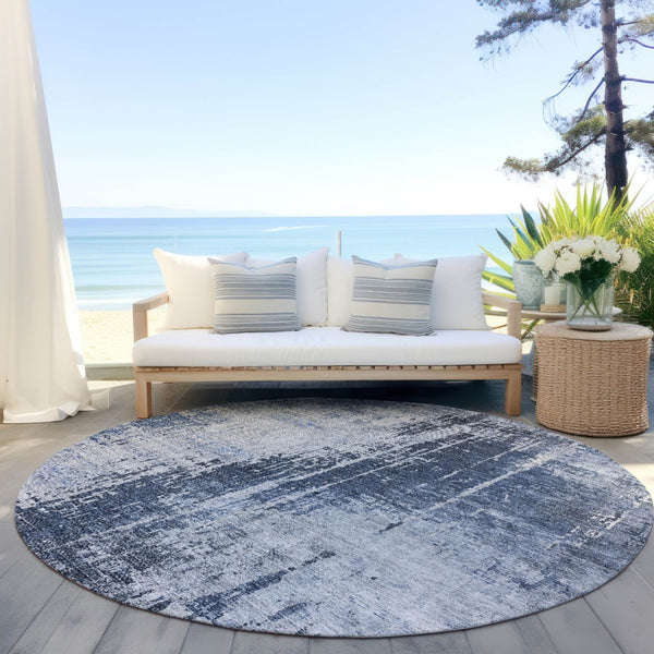 Homeroots 3' Aqua Teal Blue And Gray Abstract Washable Rug For Stylish Indoor And Outdoor Spaces, Durable Design 8' Round Polyester 587292