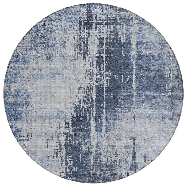 HomeRoots 5' Navy Blue and Sky Blue Abstract Area Rug – Durable, Washable, Indoor/Outdoor Versatile Design 8' Round 587292
