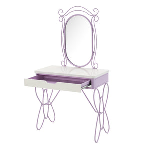 English Elm Priya Elegant Butterfly Vanity Set White & Purple – Oval PU-Wrap Mirror, High-Gloss MDF Table, Padded Stool, Metal Frame Durable Finish B2726P262770