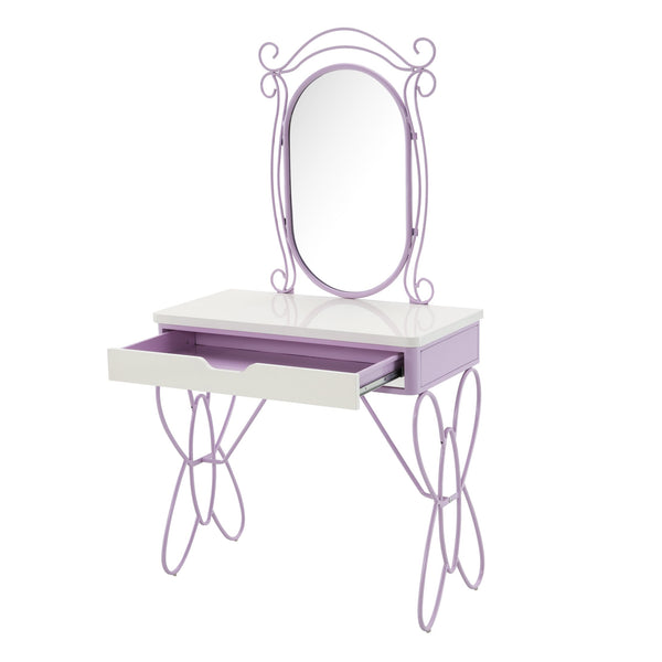 English Elm Priya Elegant Butterfly Vanity Set White & Purple – Oval PU-Wrap Mirror, High-Gloss MDF Table, Padded Stool, Metal Frame Durable Finish B2726P262770