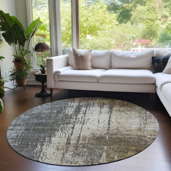 Homeroots 3' Stylish Abstract Beige Brown Gray Washable Area Rug For Indoor Outdoor Living Spaces 8' Round Polyester 587316
