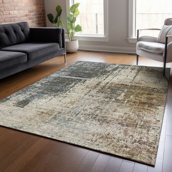 Homeroots 3' Stylish Abstract Beige Brown Gray Washable Area Rug For Indoor Outdoor Living Spaces 9' X 12' Polyester 587318