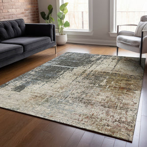 Homeroots 3' Stylish Abstract Beige Brown Gray Washable Area Rug For Indoor Outdoor Living Spaces 10' X 14' Polyester 587319