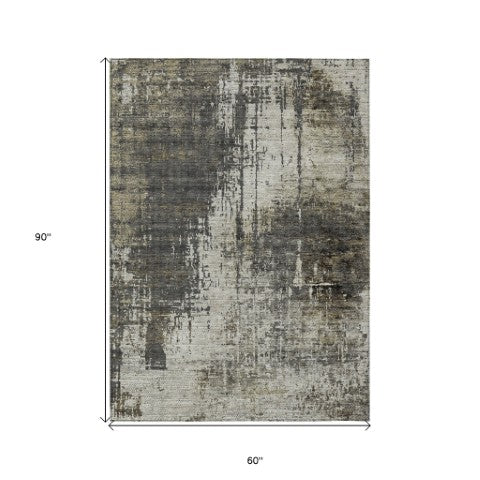 Homeroots 3' Stylish Abstract Beige Brown Gray Washable Area Rug For Indoor Outdoor Living Spaces 5' X 8' Polyester 587327