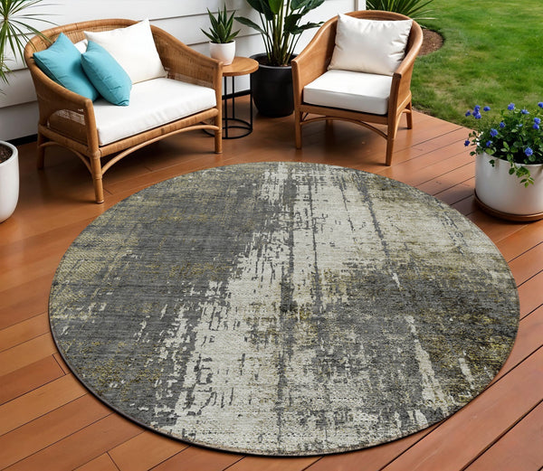 Homeroots 3' Stylish Abstract Beige Brown Gray Washable Area Rug For Indoor Outdoor Living Spaces 8' Round Polyester 587328