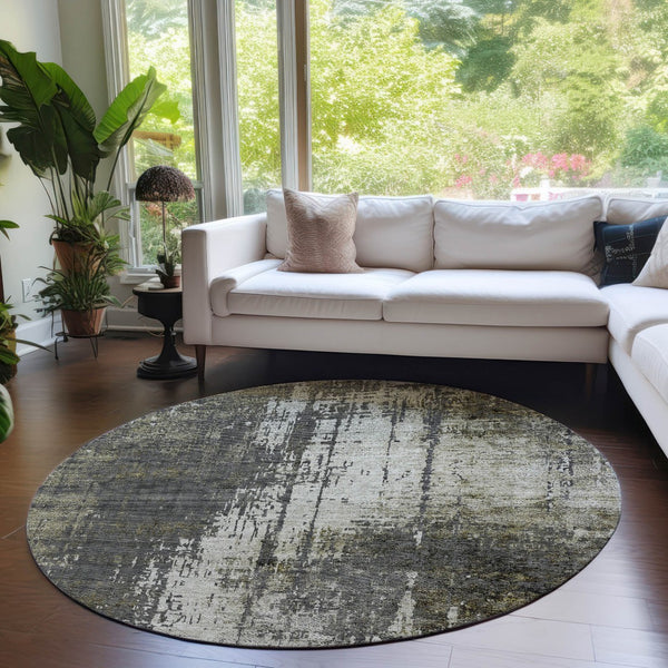 Homeroots 3' Stylish Abstract Beige Brown Gray Washable Area Rug For Indoor Outdoor Living Spaces 8' Round Polyester 587328