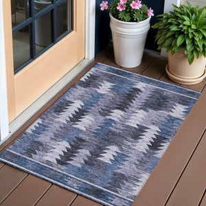 Homeroots 3' Navy Blue And Sky Blue Southwestern Washable Area Rug For Stylish Indoor Or Outdoor Spaces 3' X 5' Polyester 587332