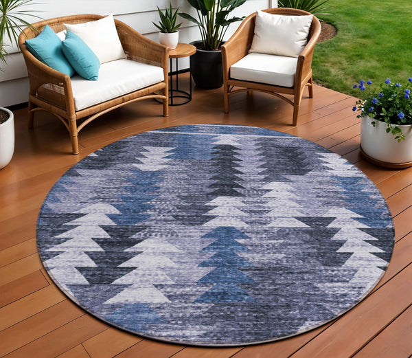 Homeroots 3' Navy Blue And Sky Blue Southwestern Washable Area Rug For Stylish Indoor Or Outdoor Spaces 8' Round Polyester 587334