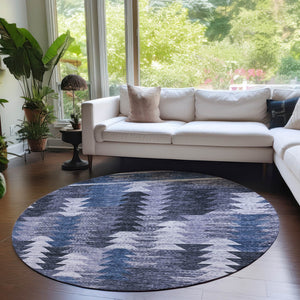 Homeroots 3' Navy Blue And Sky Blue Southwestern Washable Area Rug For Stylish Indoor Or Outdoor Spaces 8' Round Polyester 587334