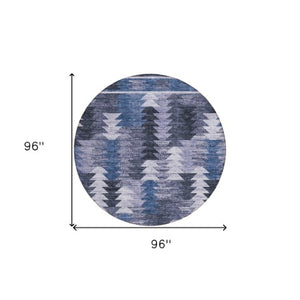 Homeroots 3' Navy Blue And Sky Blue Southwestern Washable Area Rug For Stylish Indoor Or Outdoor Spaces 8' Round Polyester 587334
