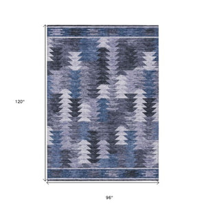 Homeroots 3' Navy Blue And Sky Blue Southwestern Washable Area Rug For Stylish Indoor Or Outdoor Spaces 8' X 10' Polyester 587335
