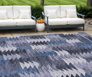 Homeroots 3' Navy Blue And Sky Blue Southwestern Washable Area Rug For Stylish Indoor Or Outdoor Spaces 8' X 10' Polyester 587335