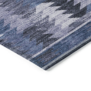 Homeroots 3' Navy Blue And Sky Blue Southwestern Washable Area Rug For Stylish Indoor Or Outdoor Spaces 9' X 12' Polyester 587336
