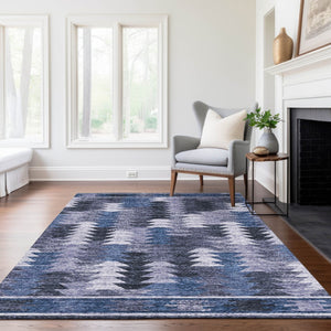 Homeroots 3' Navy Blue And Sky Blue Southwestern Washable Area Rug For Stylish Indoor Or Outdoor Spaces 10' X 14' Polyester 587337