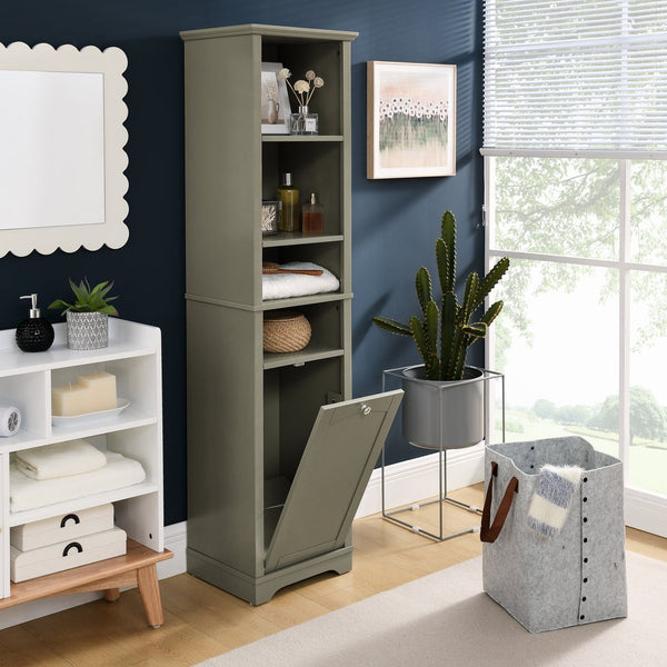 English Elm 64" Tall Bathroom Storage Cabinet Narrow 4-Shelf Floor Organizer with Laundry Hamper, Grey, Space-Saving Tall Unit W1801P195738