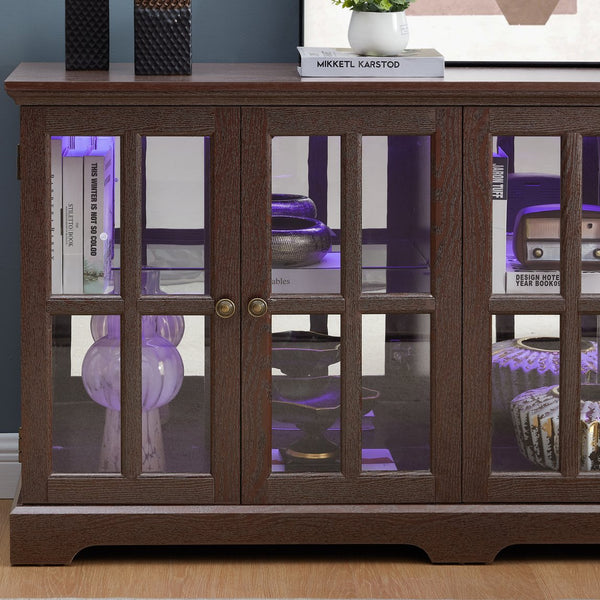 English Elm Led Curio Display Cabinet - Antique Cherry 4-Door Showcase With Adjustable Shelves & Colorful Lighting W2275P231691