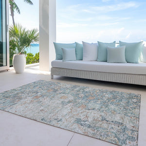 Homeroots 3' Stunning Oriental Washable Area Rug In Green, Blue & Gray For Indoor And Outdoor Spaces 3' X 5' Polyester 587434
