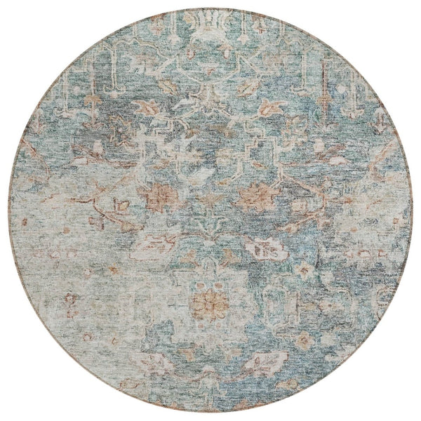 HomeRoots 5' Classic Oriental Washable Area Rug in Green, Blue, and Gray - Perfect for Indoor/Outdoor Use! 8' Round 587436