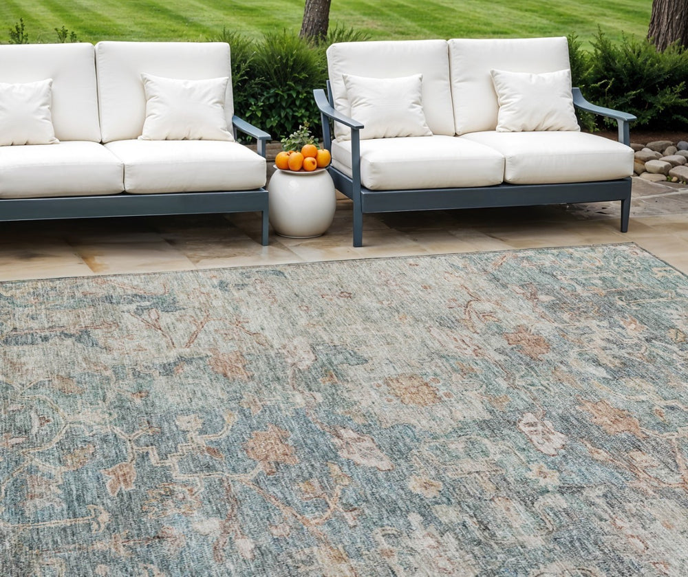 HomeRoots 5' Classic Oriental Washable Area Rug in Green, Blue, and Gray - Perfect for Indoor/Outdoor Use! 8' X 10' 587437