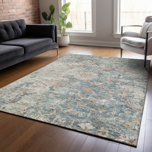 Homeroots 3' Stunning Oriental Washable Area Rug In Green, Blue & Gray For Indoor And Outdoor Spaces 9' X 12' Polyester 587438